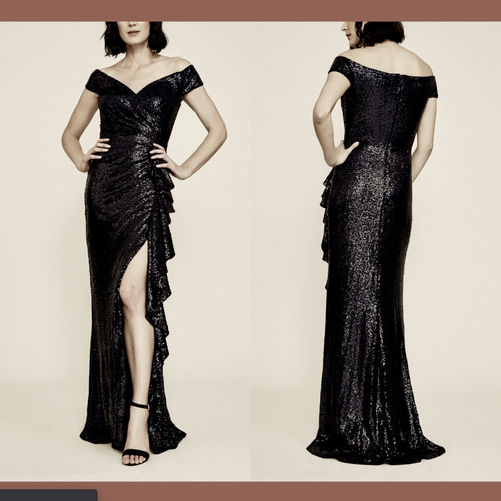 Nwt Tadashi Shoji Hurley Off Shoulder Sequin Gown In Black [Sz Medium ]